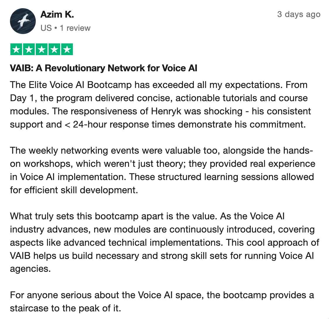 Voice AI Bootcamp member testimonial 1