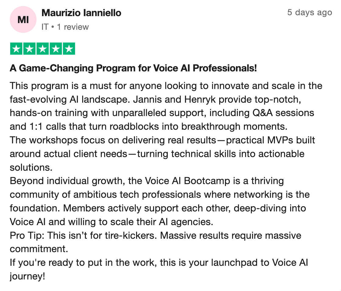 Voice AI Bootcamp member testimonial 12