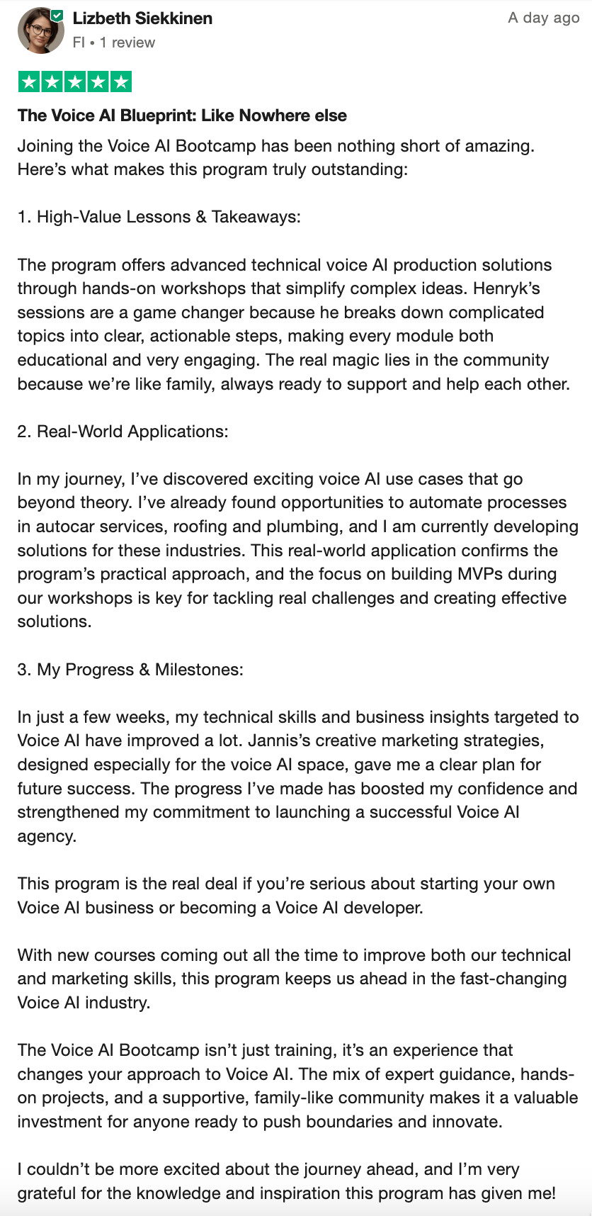 Voice AI Bootcamp member testimonial 14