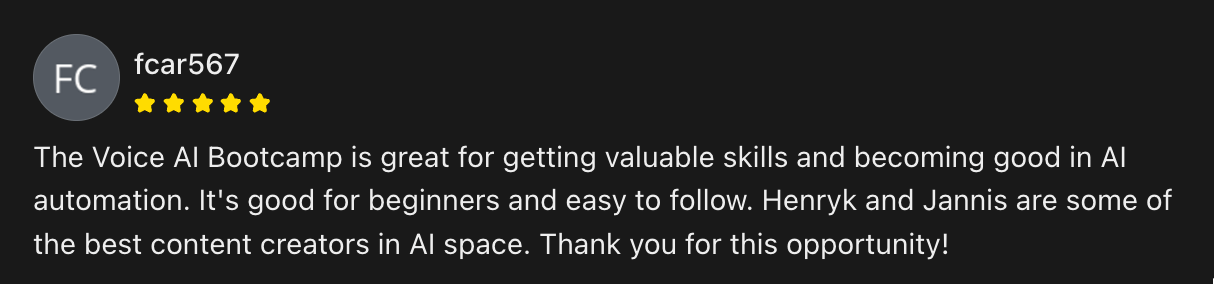 Voice AI Bootcamp member testimonial 18