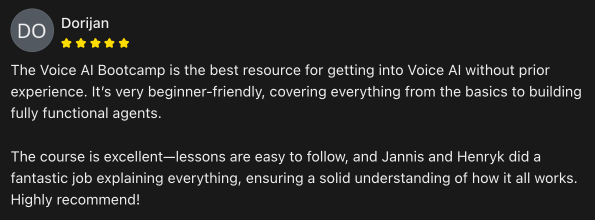 Voice AI Bootcamp member testimonial 19