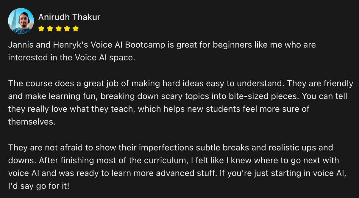 Voice AI Bootcamp member testimonial 21