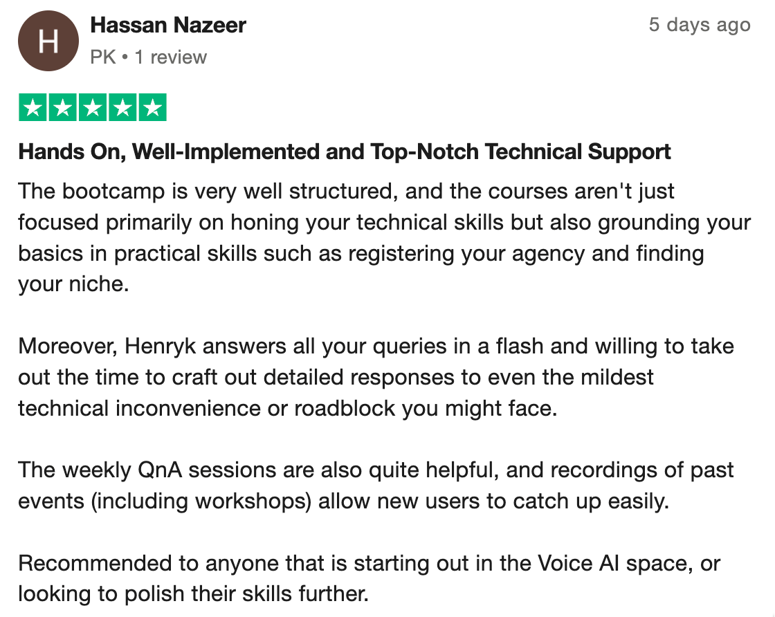 Voice AI Bootcamp member testimonial 7