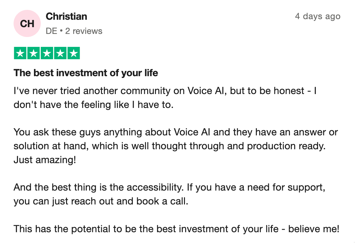 Voice AI Bootcamp member testimonial 8