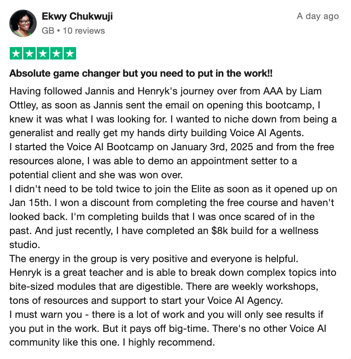 Voice AI Bootcamp member testimonial 9