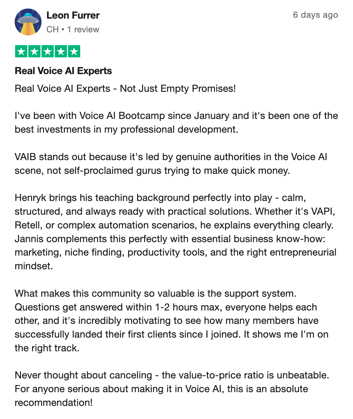 Voice AI Bootcamp member testimonial 27